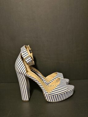 Blue & White Striped Platform Block Heel Sandals for Women